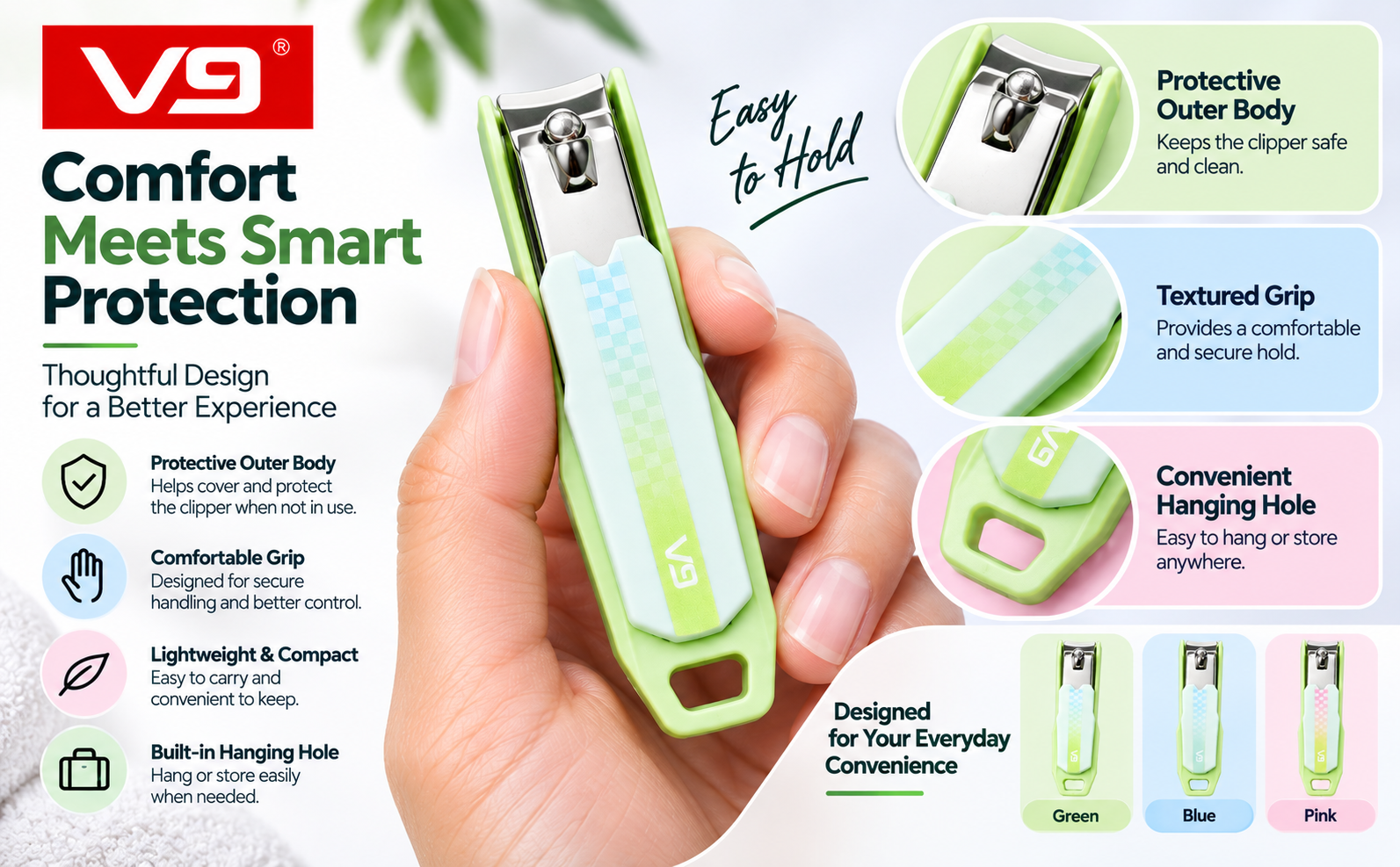 V9 Nail Clipper with Comfortable Grip & Protective Body | Stylish Nail Cutter for Everyday Nail Care - V844 - Image 2