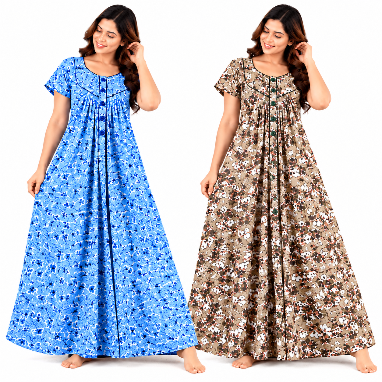 Women's Cotton Floral Printed Full Length Maxi Dress Pack of 2 Free Size | Soft Breathable Fabric | Big and Small Floral Prints | Casual Home Wear Long Dress | Comfortable Fit - Image 1