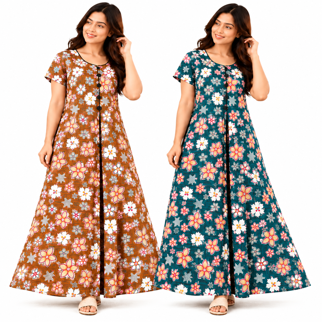 Pure Cotton Nighty for Woman | Floral Gown for Women Nightwear with Pocket | Cotton Nighty for Women Stylish | Maxi for Women Cotton - Image 1