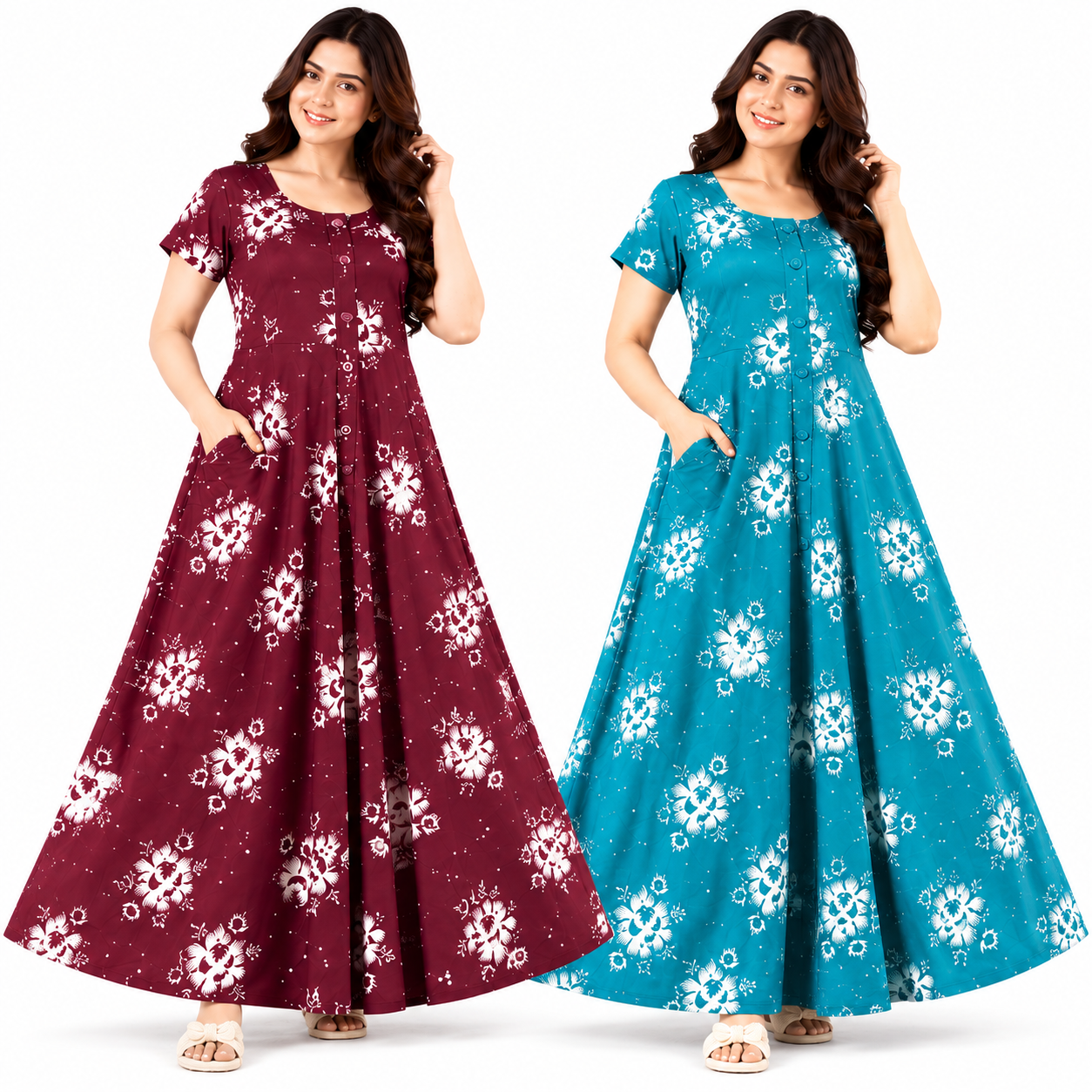 Women's Floral Printed Full Length Maxi Dress Pack of 2 Free Size | Minimal Floral Design | Different Prints | Relaxed Fit Long Dress for Women | Casual Daily Home Wear - Image 1