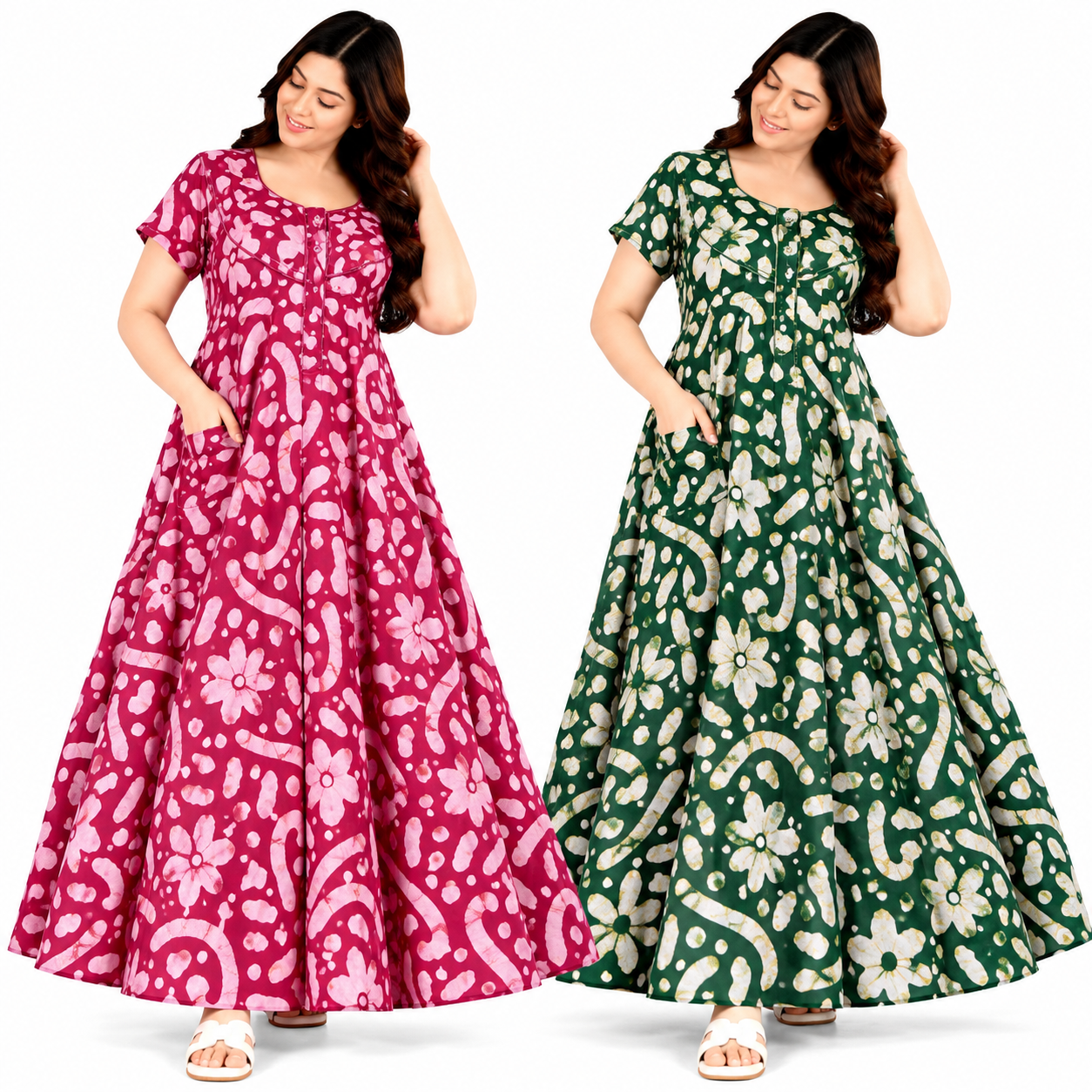 Women's Batik Print Full Length Maxi Dress Pack of 2 Free Size | Printed Long Dress for Women | Comfortable Relaxed Fit | Casual Daily Wear | Stylish Flowy Dress for Home & Outings - Image 1