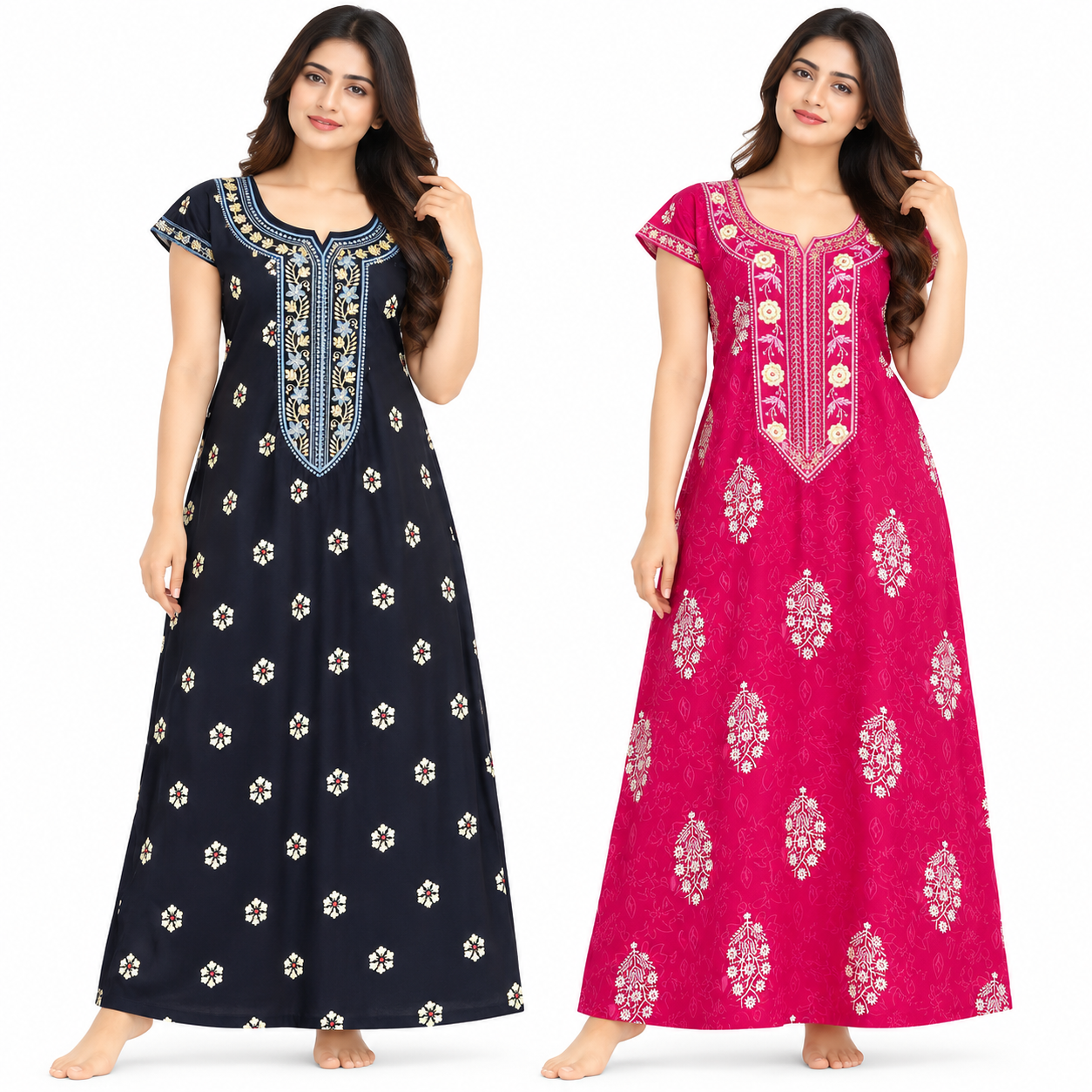 Women's Full Length Embroidered Maxi Dress | Short Sleeve Long Dress for Women | Comfortable Casual Daily Wear | Relaxed Fit | Elegant Embroidery Detail for Home, Travel & Outings - Navy Blue-Rani Pink - Image 1
