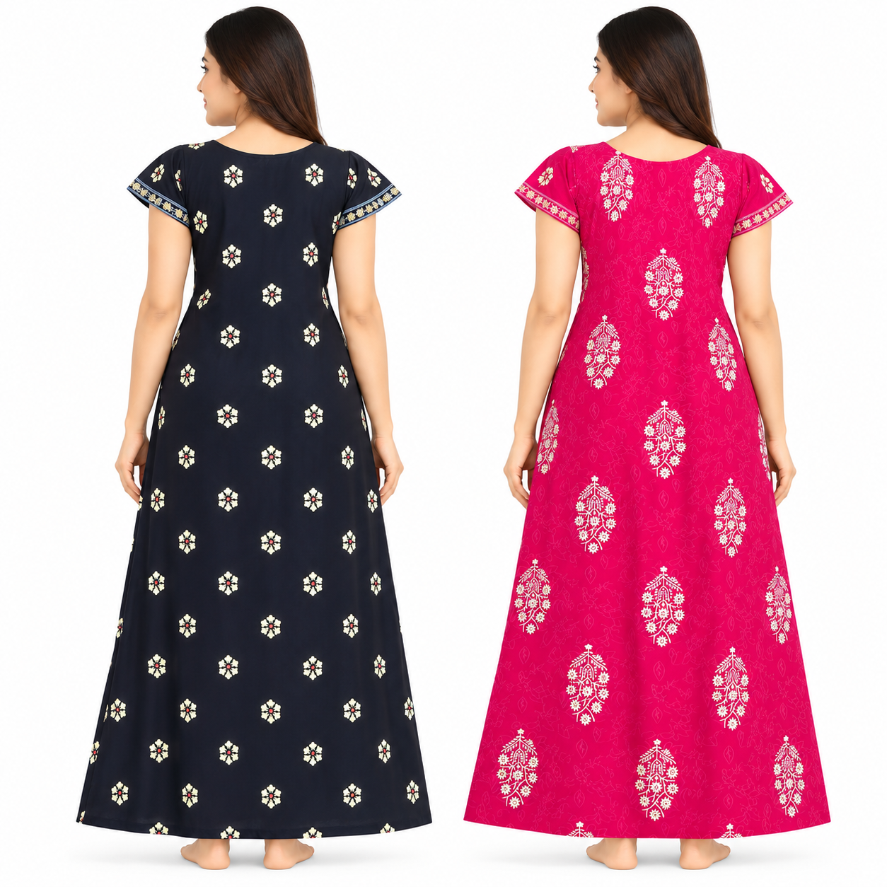 Women's Full Length Embroidered Maxi Dress | Short Sleeve Long Dress for Women | Comfortable Casual Daily Wear | Relaxed Fit | Elegant Embroidery Detail for Home, Travel & Outings - Navy Blue-Rani Pink - Image 2