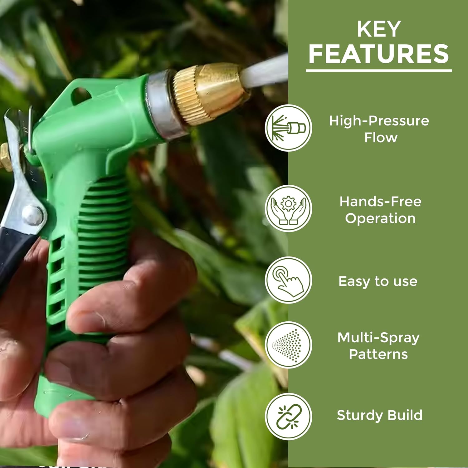High-Pressure Garden Water Spray Gun | 3 Adjustable Spray Patterns | Hands-Free Operation, Durable Brass Nozzle for Car Washing, Plant Watering, and Pet Cleaning - Pack Of 1 - Image 4